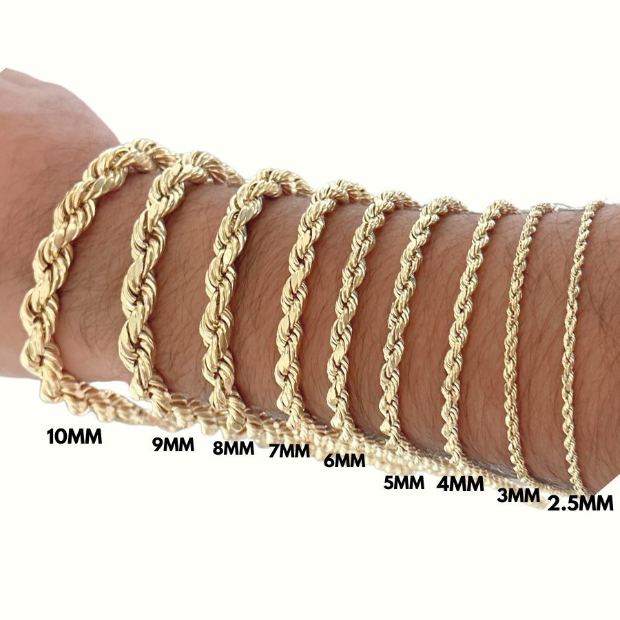 10K Rope Bracelet 2.5mm - 10mm