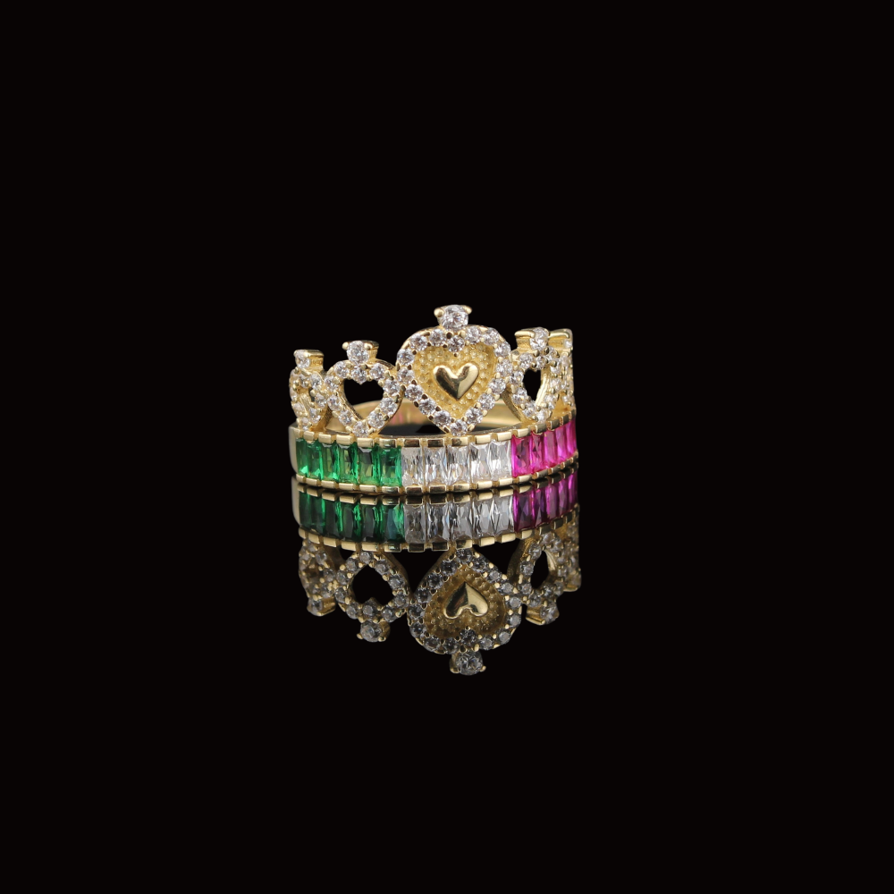 14K Gold Pink Green Crown Ring