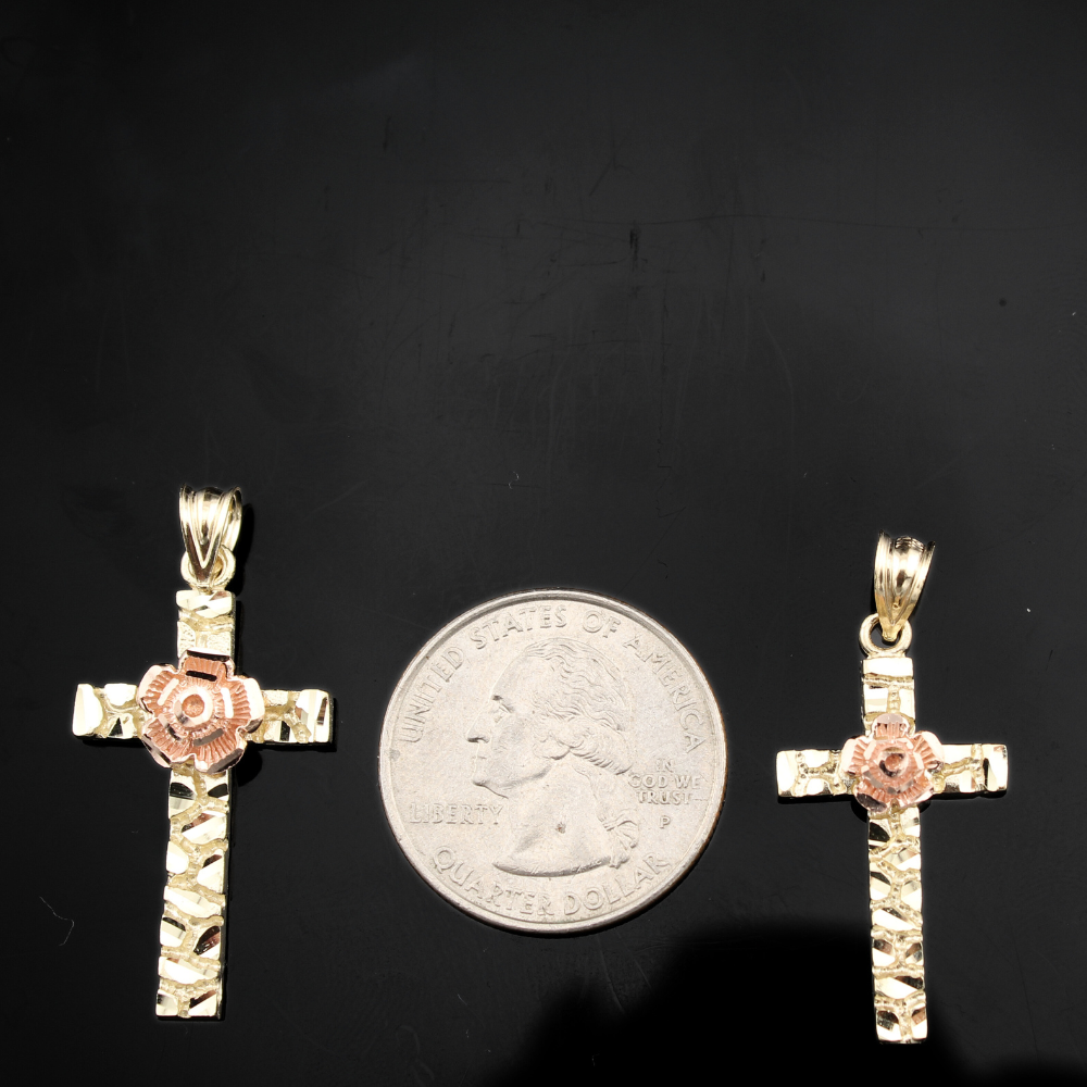 10K Yellow Gold Nugget Rose Cross Pendant