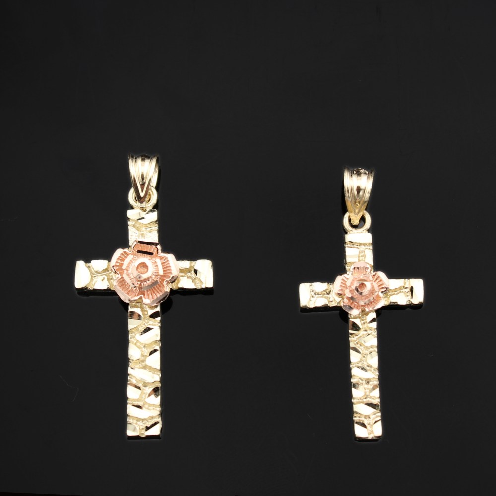 10K Yellow Gold Nugget Rose Cross Pendant