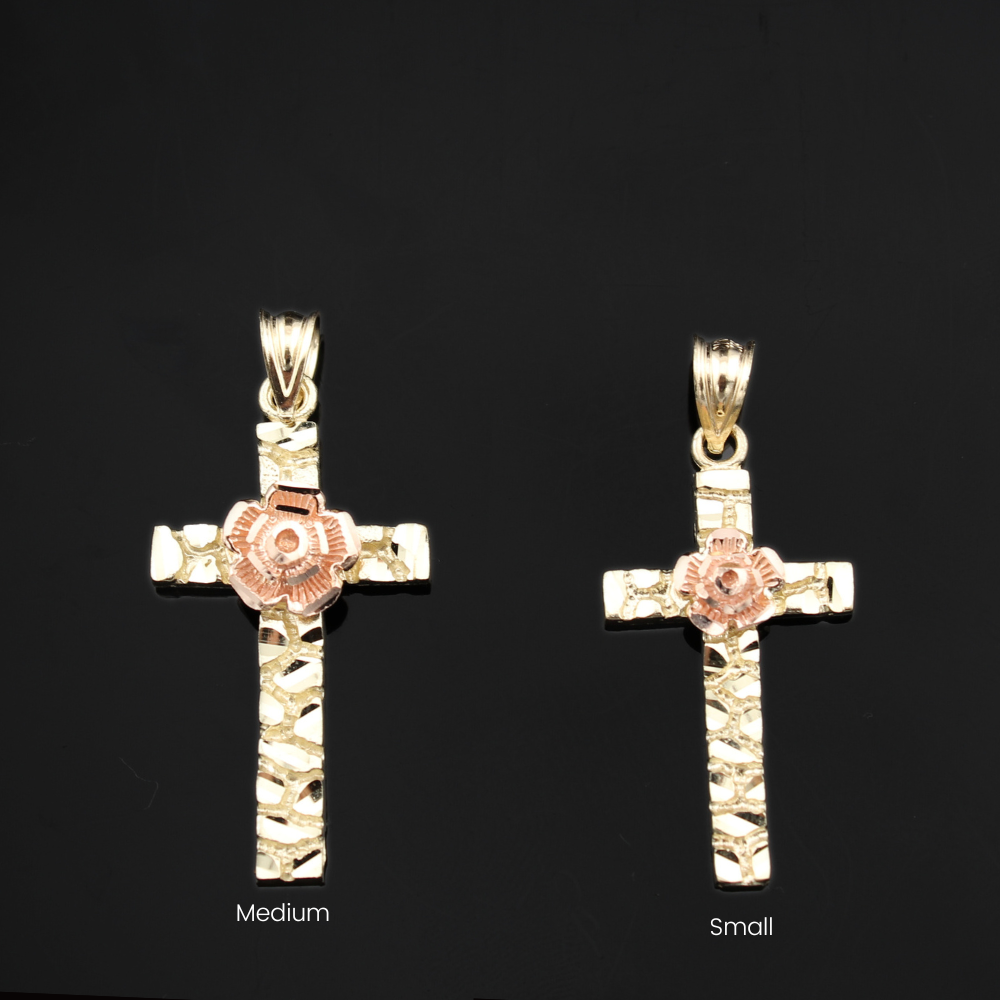 10K Yellow Gold Nugget Rose Cross Pendant