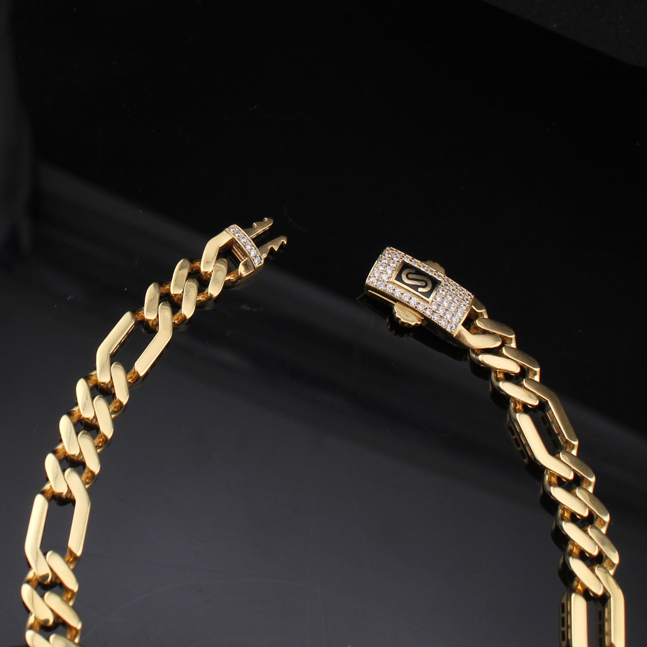 14K Gold Figaro Monoco Style Bracelet 6.5mm