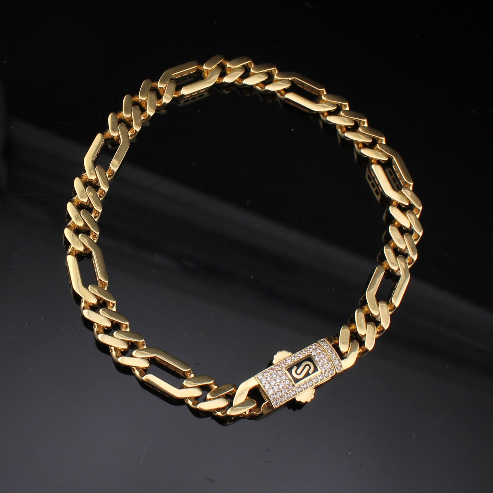 14K Gold Figaro Monoco Style Bracelet 6.5mm