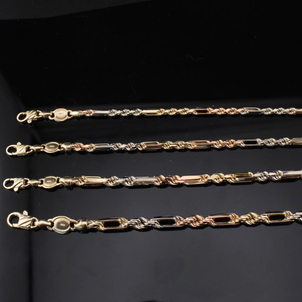 14K Gold Milano TriColor Bracelet 3mm-4.5mm