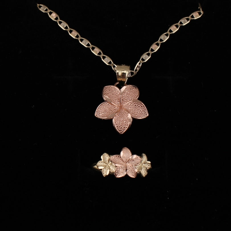 10K Gold Rose Gold Flower Necklace & Ring