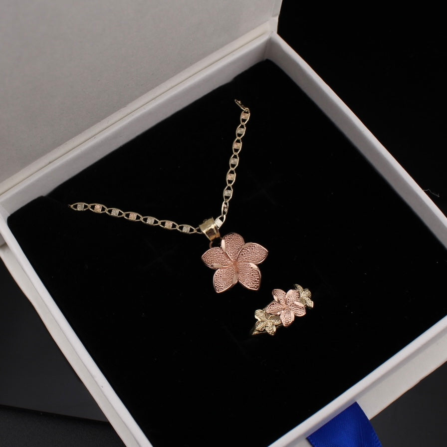 10K Gold Rose Gold Flower Necklace & Ring