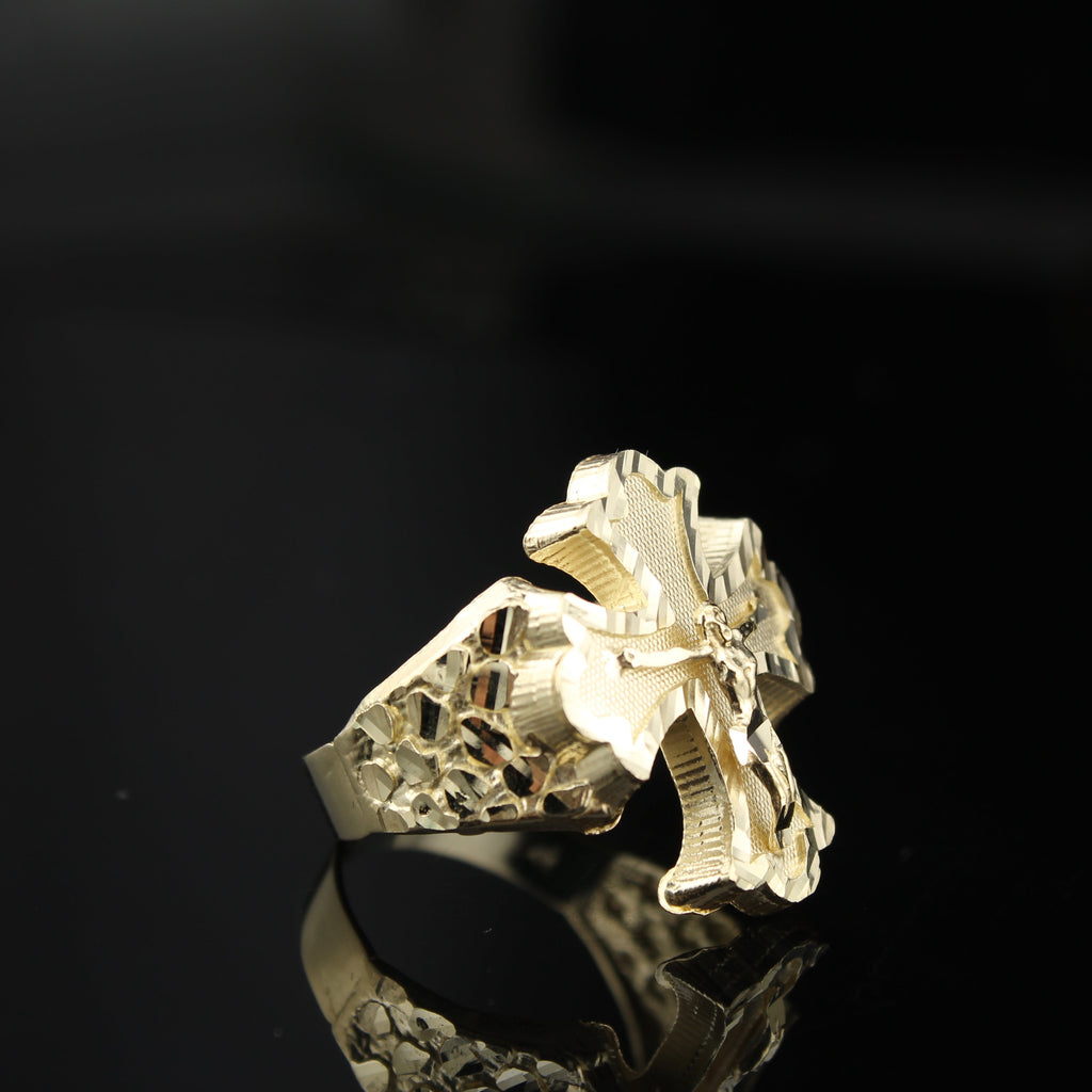 10K Mens Cross Jesus Nugget Ring