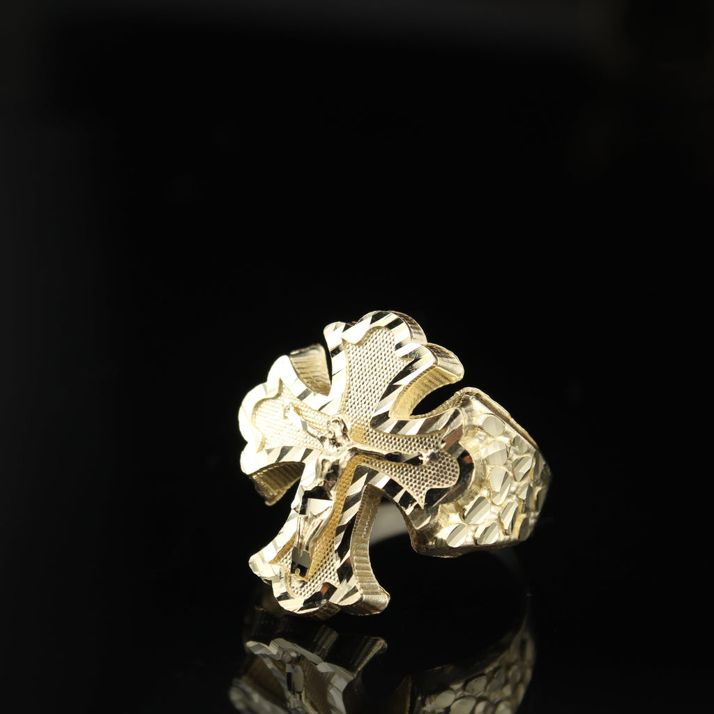 10K Mens Cross Jesus Nugget Ring