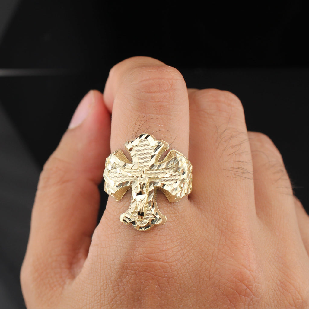 10K Mens Cross Jesus Nugget Ring