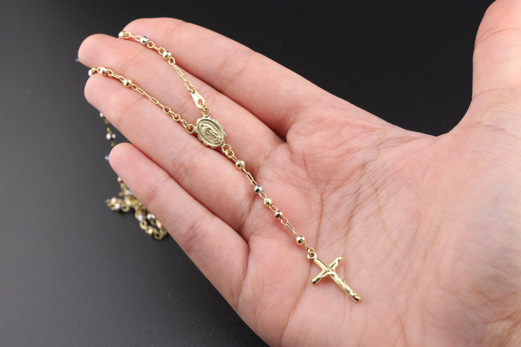 14K Tri Color Rosary Necklace