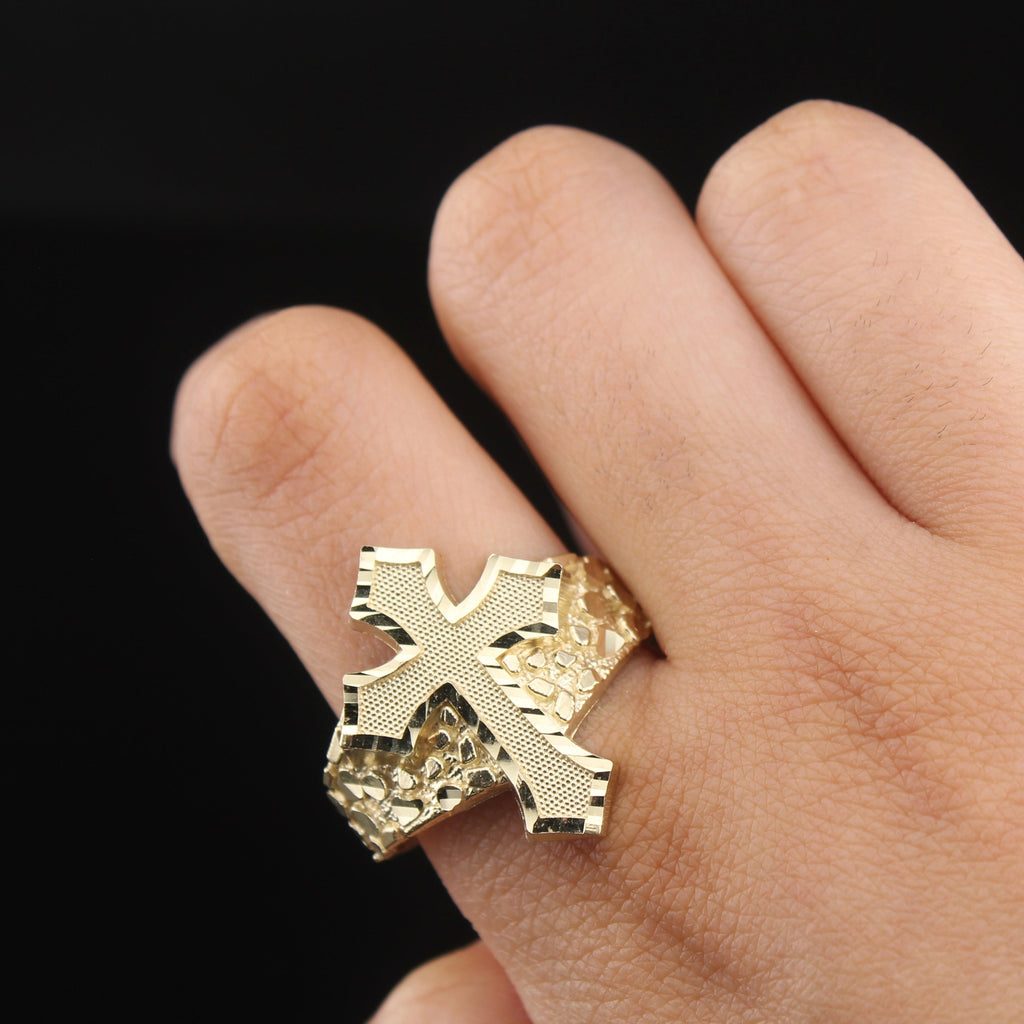 10K Gold Nugget Cross Ring