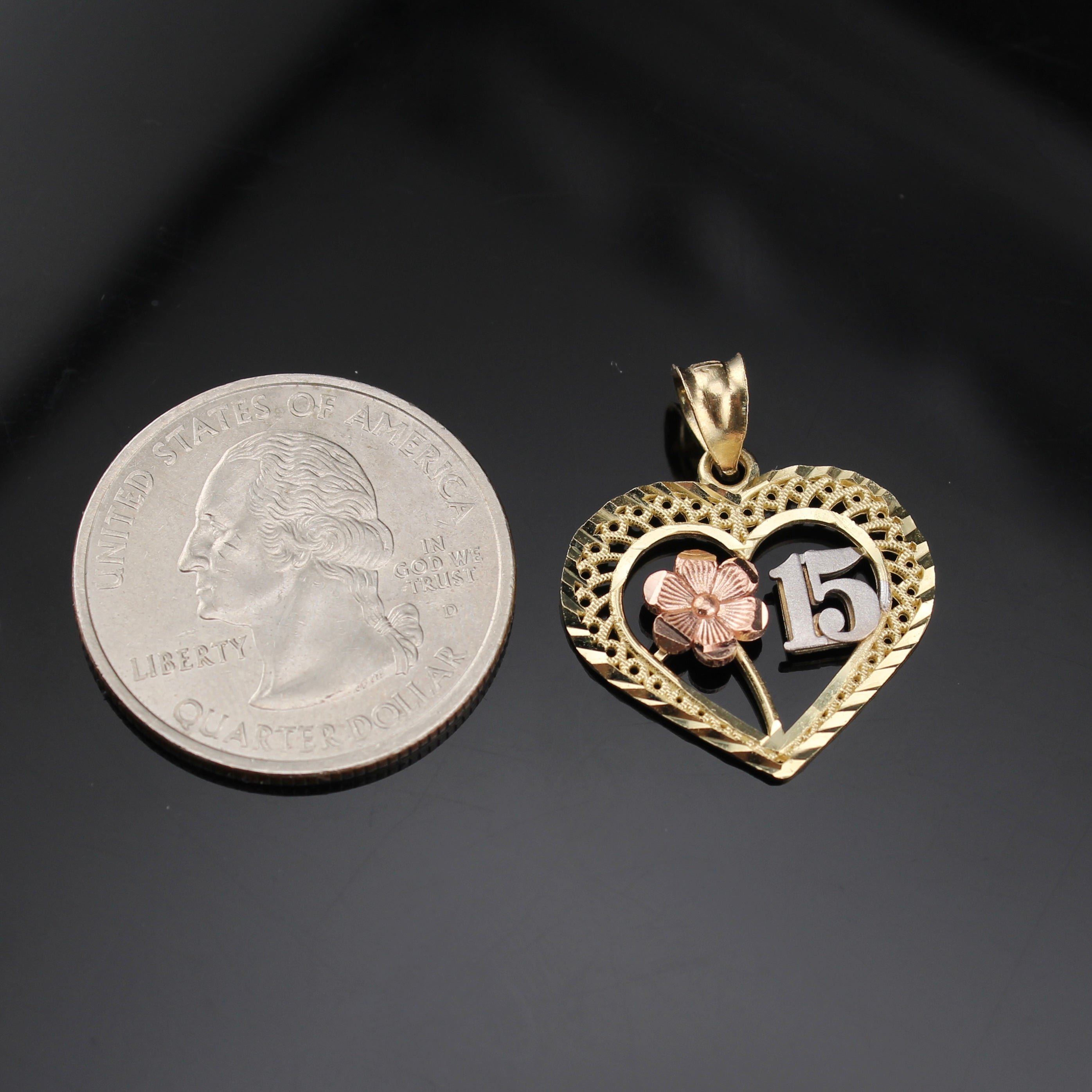 10K Real Gold Heart Quinceañera Pendant