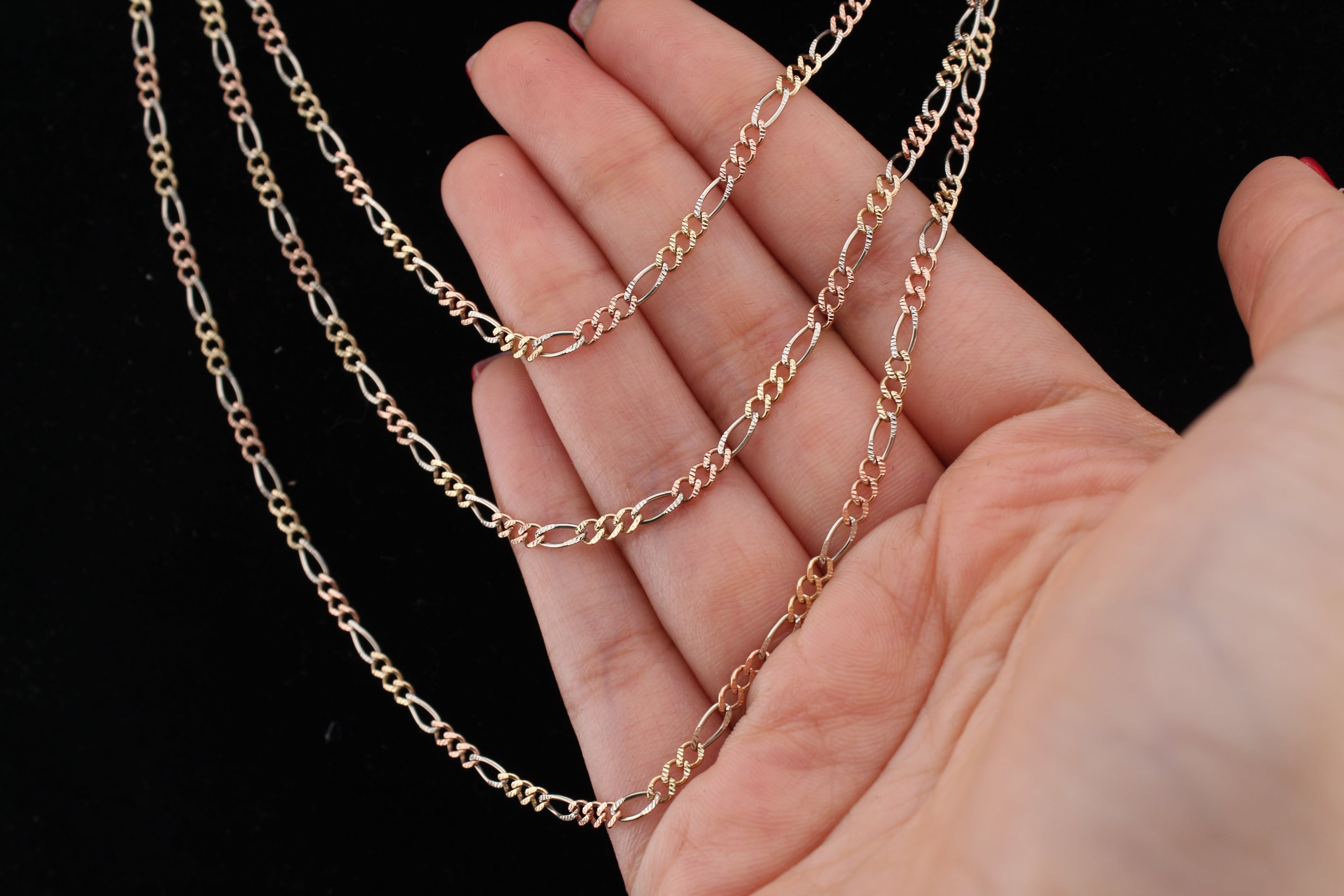 14K Solid Gold Tri Color Figaro Chains