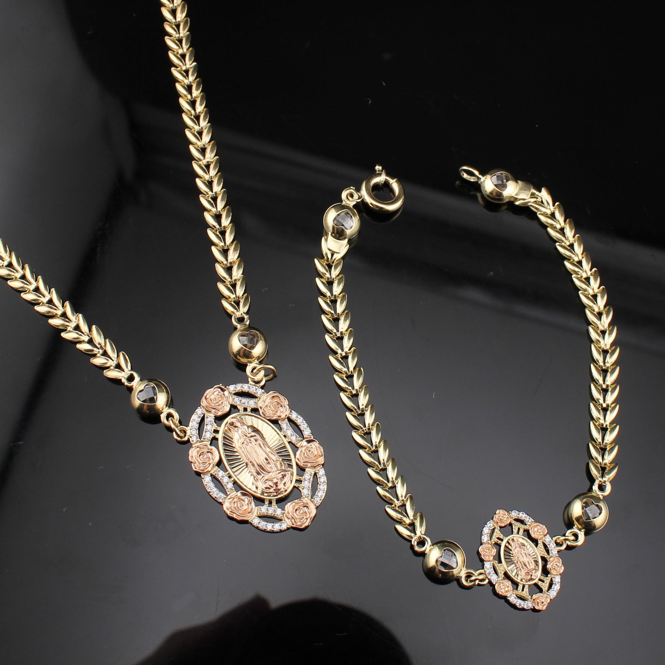 10k Gold Virgin Mary Necklace & Bracelet