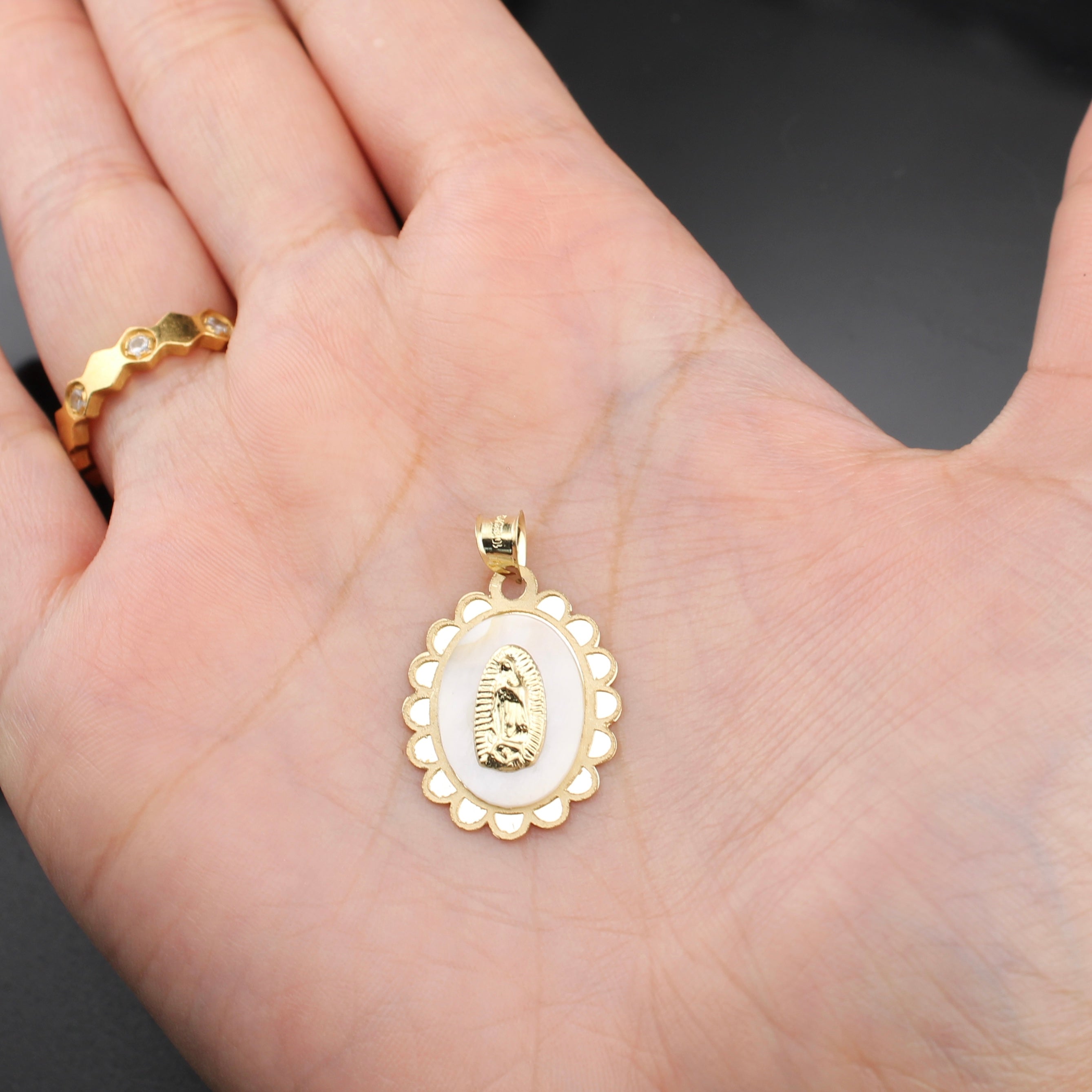 10K Gold Virgin Mary Mother of Pearl Pendant