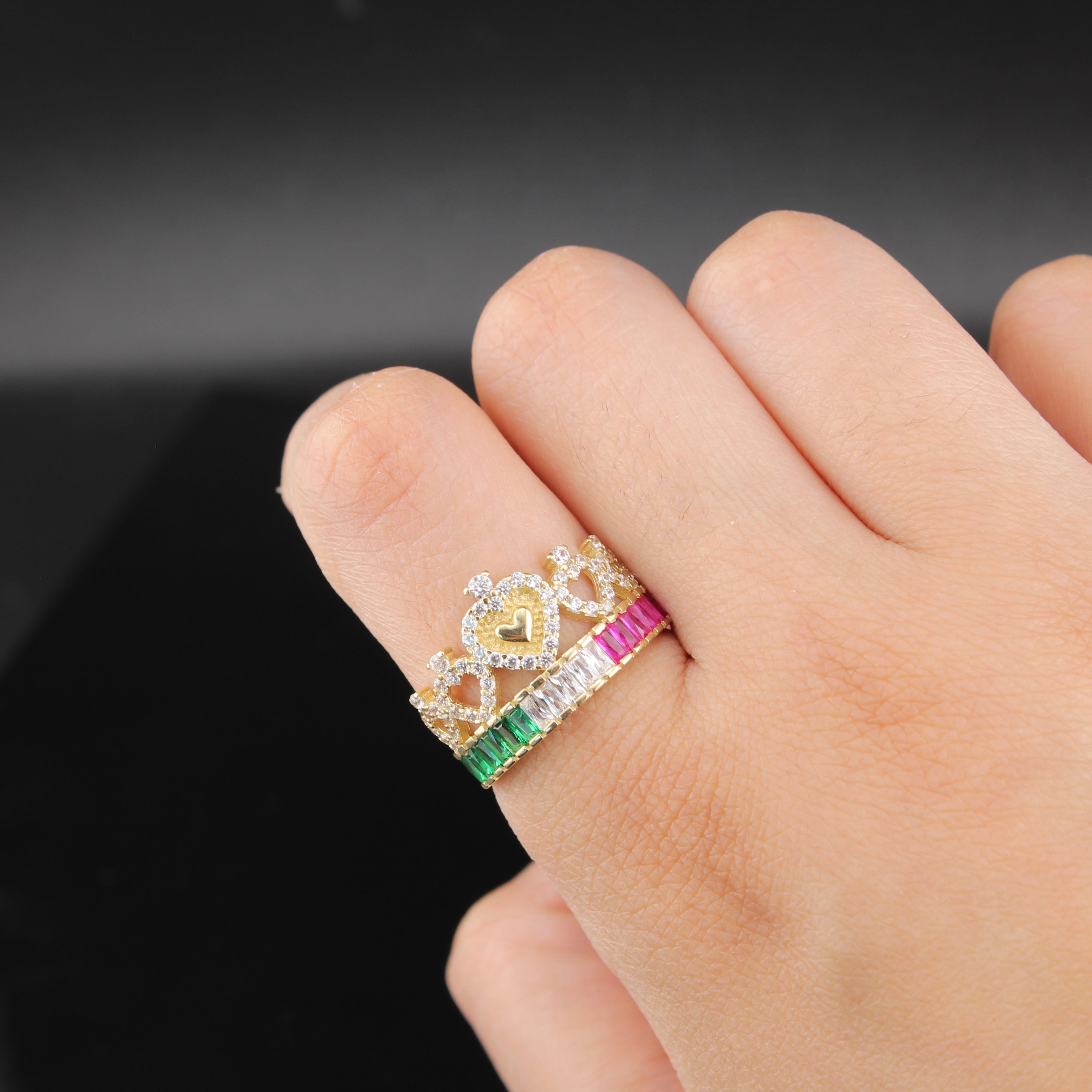14K Gold Pink Green Crown Ring