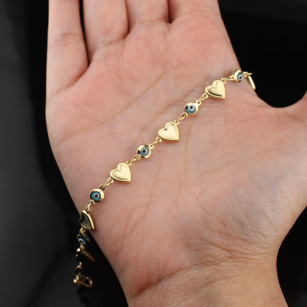 14K Heart Evil Eye Bracelet